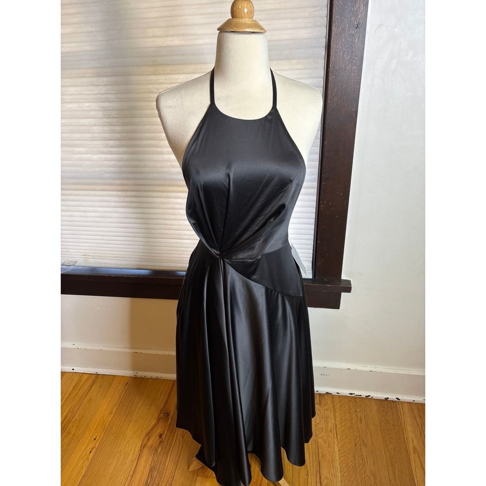 Jewel Badgley Mischka Satin Backless Dress with High-Low Skirt